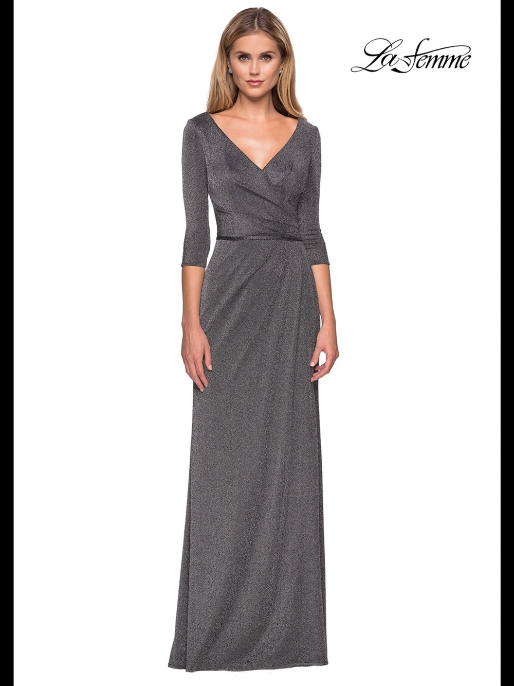 NWT La Femme Silver Mother of the Bride Metallic Jersey Gown 8 Evening Dress